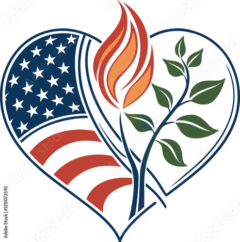 Patriotic Heart with Flame and Foliage
