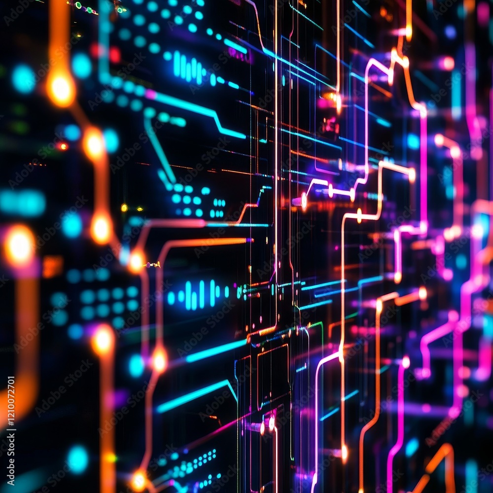 Dark neon light strikes. Concept of movement, big data and technology
