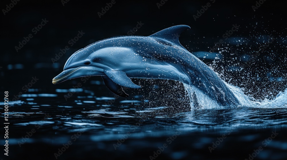Fototapeta premium Dolphin leaping, ocean night, splashing, dark water, wildlife documentary