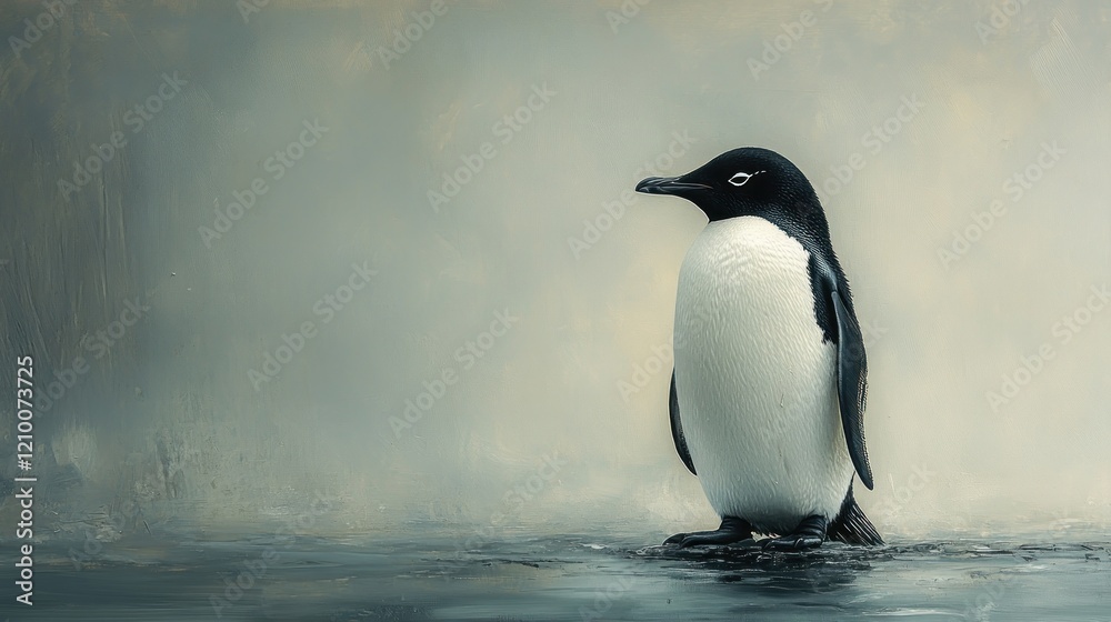 Obraz premium Antarctic penguin standing, misty shore, wildlife conservation