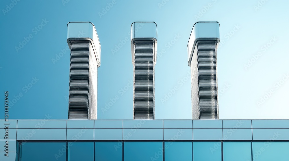 Obraz premium Industrial smoke stacks rise against a sunny blue sky, part of a power plant designed with cutting-edge technology and modern aesthetics.