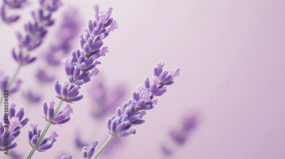 Obraz premium Beautiful lavender flowers in bloom against a soft pastel lavender pink background creating a serene atmosphere