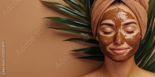Beautiful beauty woman with brown nourishing organic facial mask applied on face skin texture, wearing towel on head. Tropical wellness spa studio background with copy space.