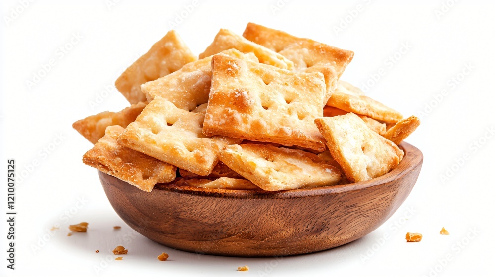 Golden crackers piled high in a wooden bowl on a white background ready for a snack time Golden crackers piled high in a wooden bowl on a white background ready for a snack time