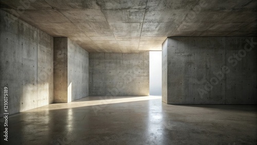 Sunlit Concrete Room Minimalist Architectural Interior Design Showing a Spacious Empty Room with a Polished Concrete Floor and Walls, Bathed in Natural Light Through an Opening