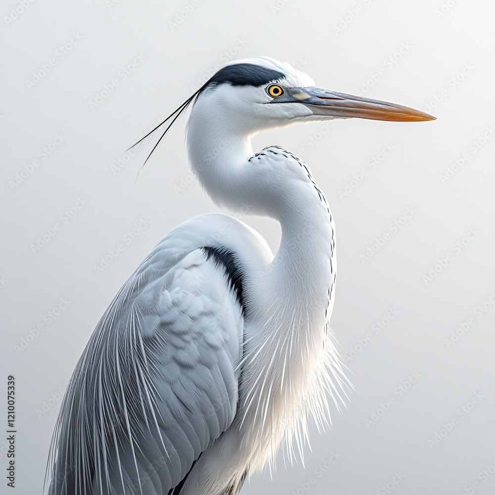Elegant heron with gray and white plumage and yellow eye standing against a light background