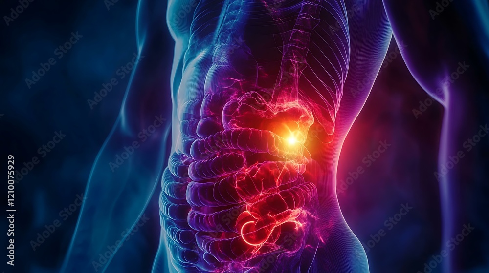 Dynamic x-ray animation of a human torso showing intense abdominal pain with neon highlights focused on the pain center Dynamic x-ray animation of a human torso showing intense abdominal pain with neon highlights focused on the pain center