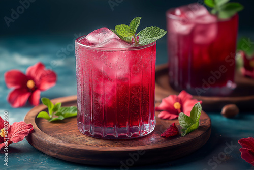 A chilled glass of vibrant bissap juice with ice cubes and fresh mint leaves, surrounded by hibiscus flowers on a wooden tray