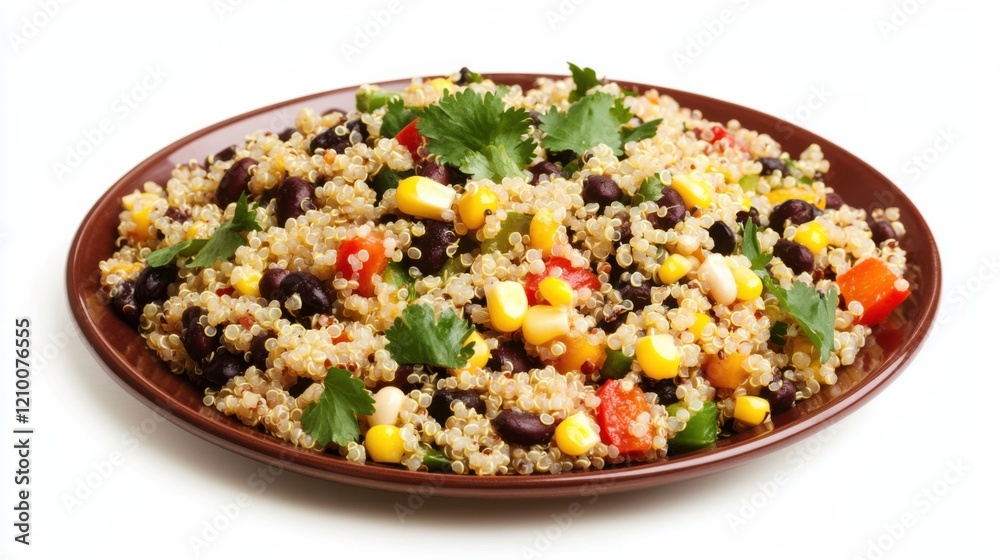 A colorful plate of quinoa salad with black beans, corn, red bell peppers A colorful plate of quinoa salad with black beans, corn, red bell peppers