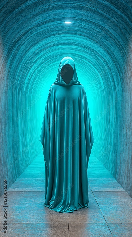 Mysterious figure in a turquoise tunnel surreal art dreamlike environment centered view conceptual imagery Mysterious figure in a turquoise tunnel surreal art dreamlike environment centered view conceptual imagery