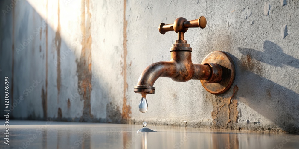 A Single Drop of Water Falling from an Antique Faucet Against a Weathered Wall A Single Drop of Water Falling from an Antique Faucet Against a Weathered Wall