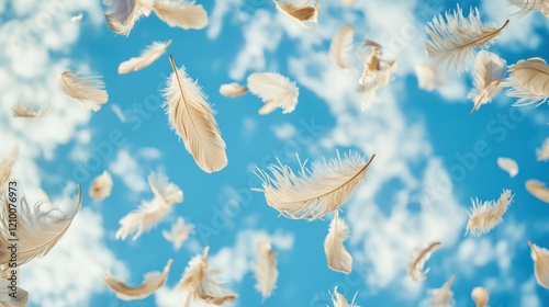 Feathers floating in the air against a blue sky.