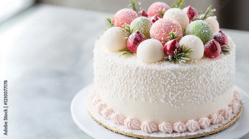 Fototapeta premium Festive holiday cake, decorated with colorful spheres and berries, on a marble table. Perfect for festive food blogs