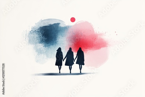 A minimalist depiction of three friends walking hand in hand, drawn with bold outlines and a soft pastel background photo