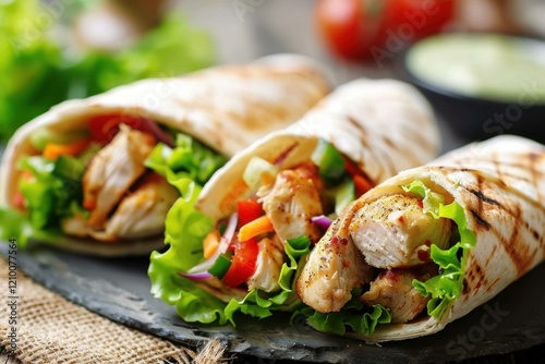 Delicious chicken wraps filled with grilled chicken, fresh vegetables and lettuce photo