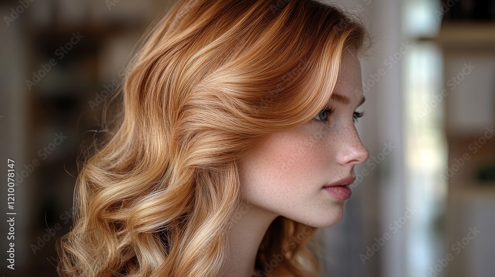 Redhead woman profile showcasing wavy hair and freckles Redhead woman profile showcasing wavy hair and freckles