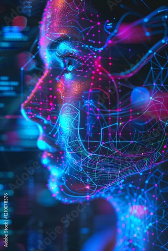 Portrait of a futuristic woman with artificial intelligence concept neon lights 