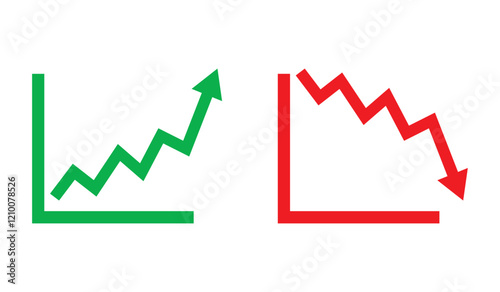 Graph going Up and Down sign with green and red arrows vector. Flat design vector illustration concept of sales bar chart symbol icon with arrow moving down and sales bar chart with arrow moving up.