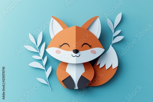 A playful fox made from paper sits cheerfully against a soft blue backdrop. Green leaves surround the fox, enhancing the whimsical and creative feel of the artwork