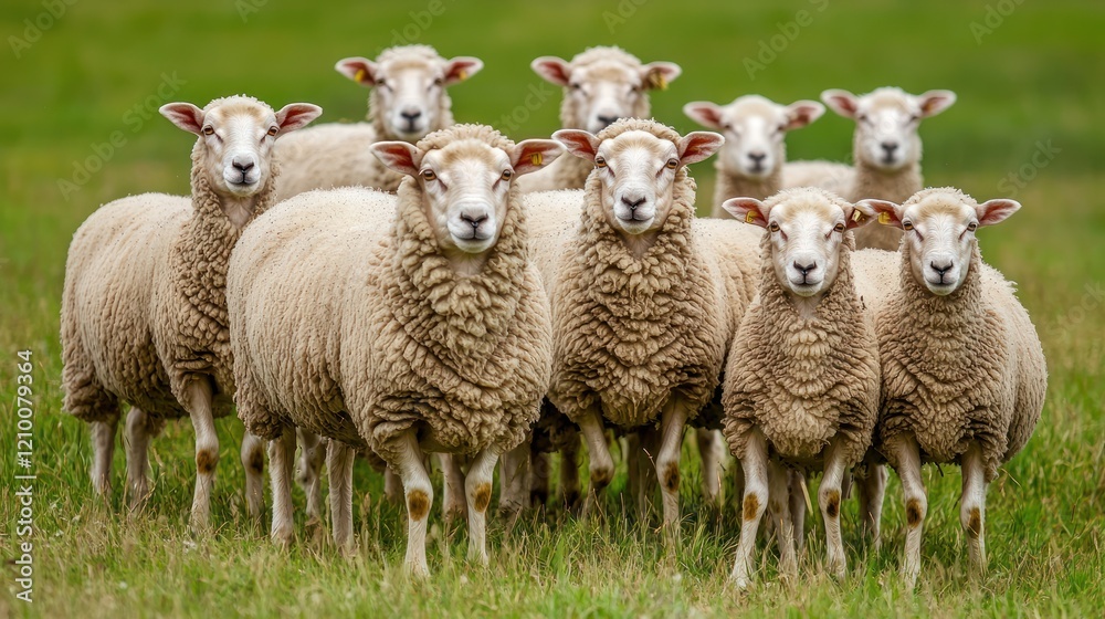 Obraz premium Sheep grazing in a field as a flock moves together.