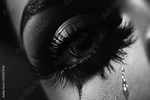 Close up detail dramatic view of sad desperate woman's eye crying, flowing tear close up macro detail. Black and white studio photography. photo