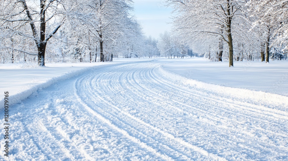 Fototapeta premium Snowy path winding through winter park, bright sunlight, idyllic scene; winter travel poster