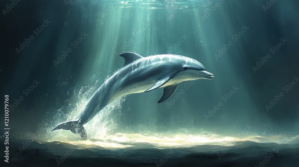 Obraz premium Dolphin leaping, underwater, sunlight, ocean floor, aquarium backdrop