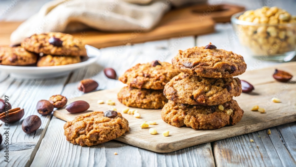 A Delicious Stack of Nutty and Chocolate Chip Cookies on a Rustic Wooden Board A Delicious Stack of Nutty and Chocolate Chip Cookies on a Rustic Wooden Board