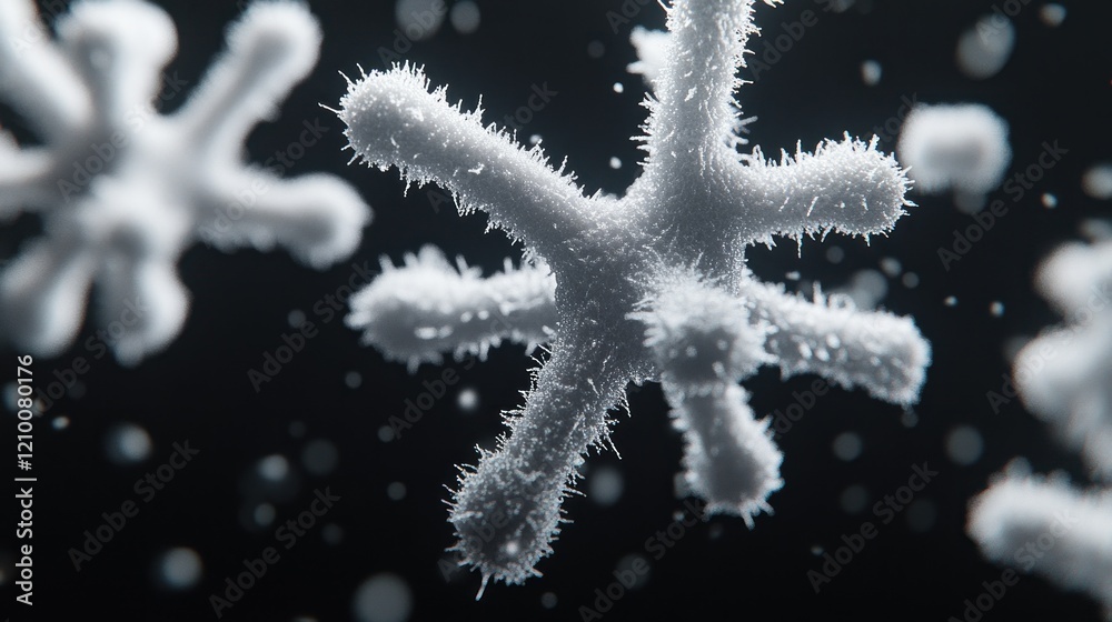 Microscopic star-shaped organisms floating, dark background, scientific research Microscopic star-shaped organisms floating, dark background, scientific research