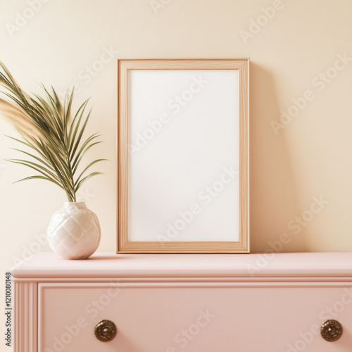 Wooden mock up poster frame on the pink dresser
