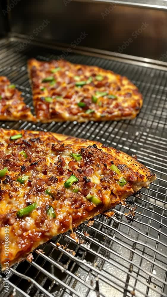 Slices of delicious pizza topped with meat and green peppers cooling on a wire rack in a pizzeria