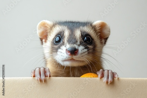 Cute ferret peeking from box, studio shot, neutral background, pet product advertising photo