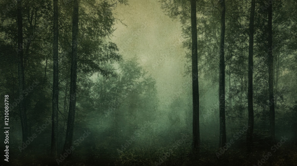 Fototapeta premium Mysterious fog envelops a tranquil forest with rich green textures and tall trees at dusk
