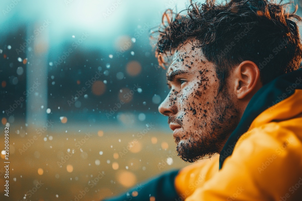 A football player sitting on the sidelines, looking dejected after losing the match, with mud-stained clothes and an empty field behind them A football player sitting on the sidelines, looking dejected after losing the match, with mud-stained clothes and an empty field behind them