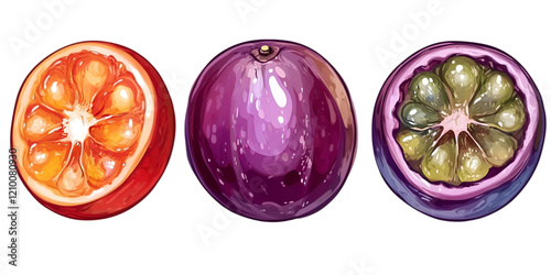 Watercolor illustration of 3 exotic fruits