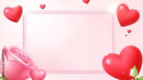 A romantic design featuring pink hearts and a rose, framed by a soft background, ideal for conveying love and affection.