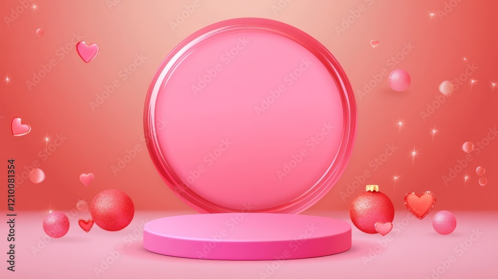 Obraz premium A vibrant pink display platform surrounded by floating hearts and spheres, ideal for showcasing products or celebrations.