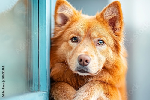 A frightened dog cowering in a corner, its eyes wide and its ears flattened, with soft light falling on its fur