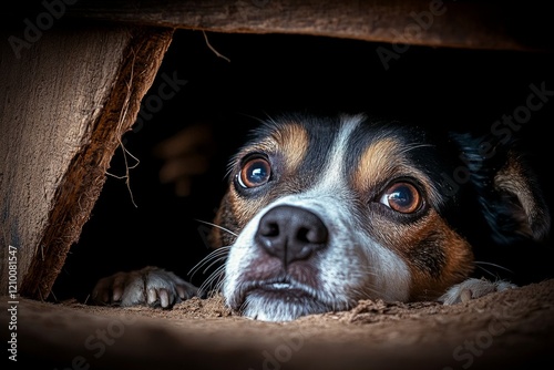 A frightened dog cowering in a corner, its eyes wide and its ears flattened, with soft light falling on its fur