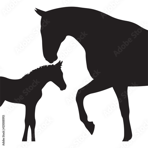 Mare with foal black silhouette horse on white background, vector