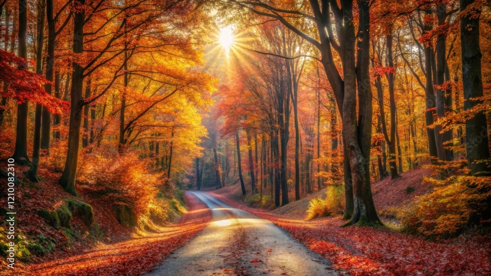 Autumnal Pathway Through a Sun-Dappled Forest of Vibrant Red and Gold Leaves Autumnal Pathway Through a Sun-Dappled Forest of Vibrant Red and Gold Leaves
