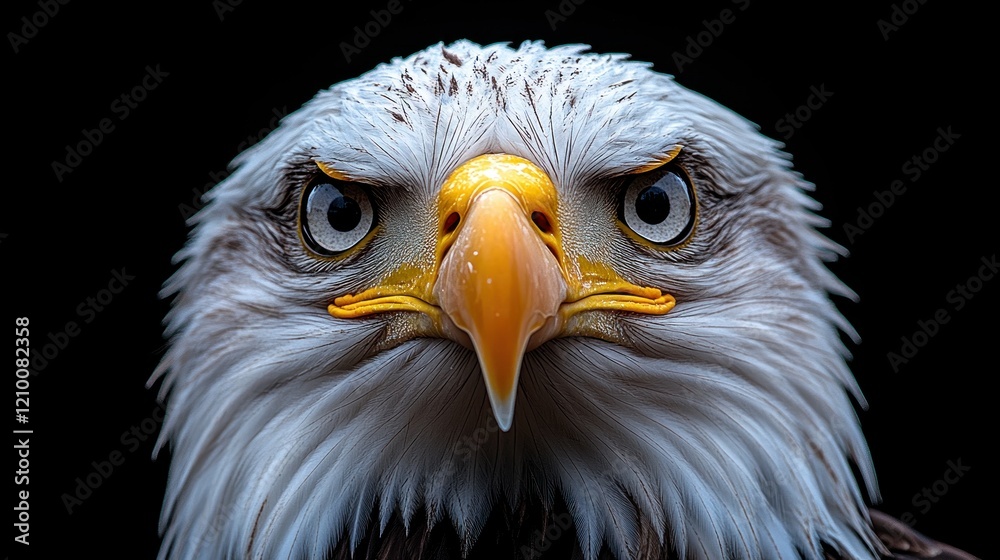Obraz premium Bald eagle portrait, intense gaze, dark background, wildlife photography, conservation