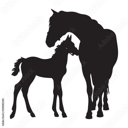 Mare with foal black silhouette horse on white background, vector