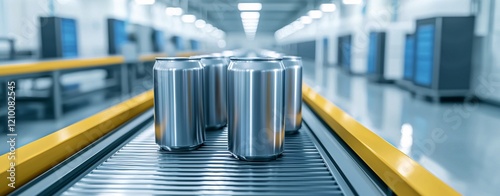 Cans being processed on conveyor belt in beverage manufacturing facility industrial environment close-up view