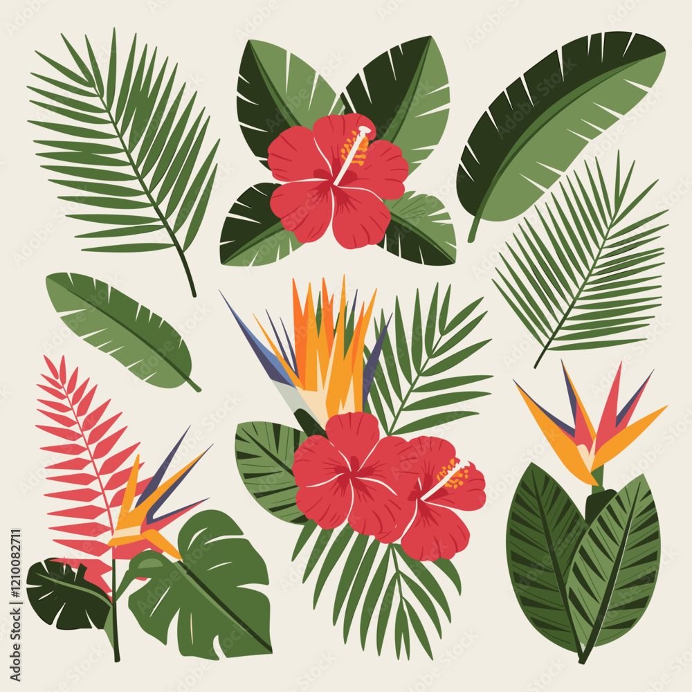 Obraz premium Set of Tropical Leaves and Exotic Flowers - Botanical Art
