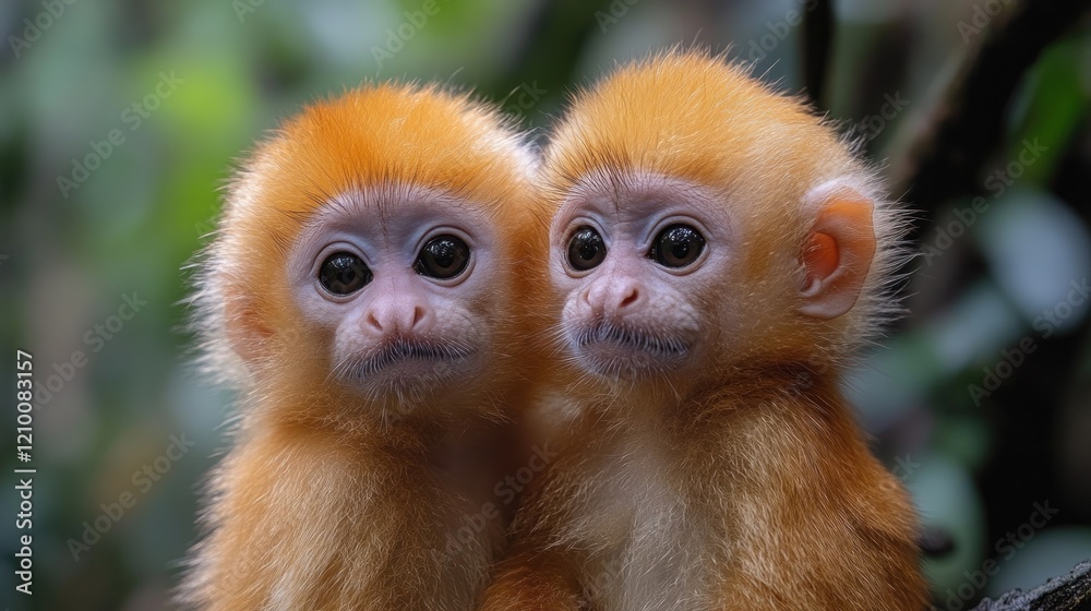 Close-up of two baby orange monkeys in the forest with their distinctive facial features Close-up of two baby orange monkeys in the forest with their distinctive facial features
