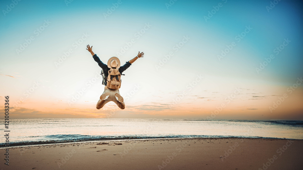 Happy tourist enjoying sunset on the beach - Successful man jumping outside - Summertime holidays concept with joyful guy walking outdoors - Colorful filter Happy tourist enjoying sunset on the beach - Successful man jumping outside - Summertime holidays concept with joyful guy walking outdoors - Colorful filter