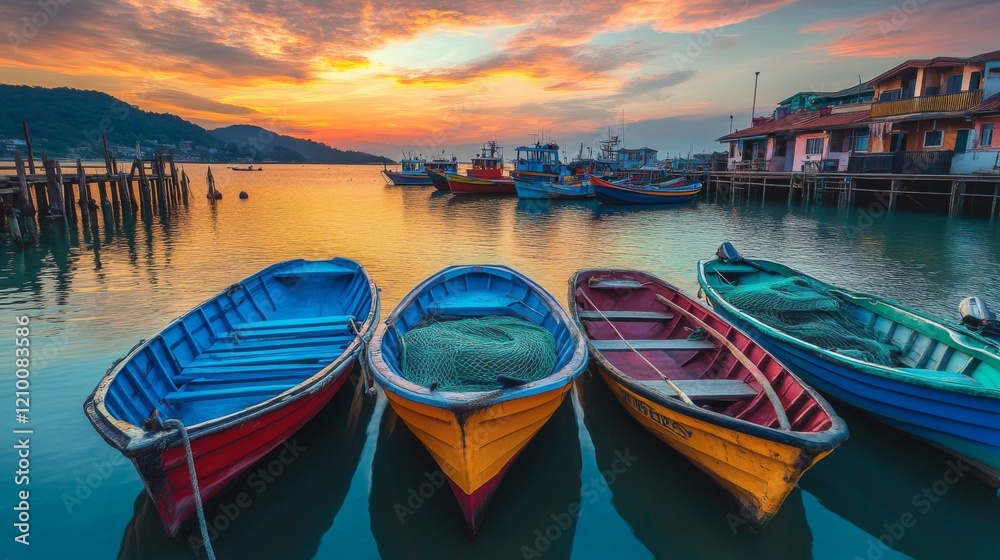 Fototapeta premium Colorful boats lined up at sunset by the shore. The vibrant hues reflect the beauty of nature. A peaceful scene perfect for travel inspiration. Generative AI