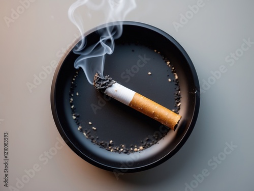 A cigarette smolders in an ashtray, releasing wisps of smoke, with remnants of ash scattered around, creating a stark, somber visual. photo