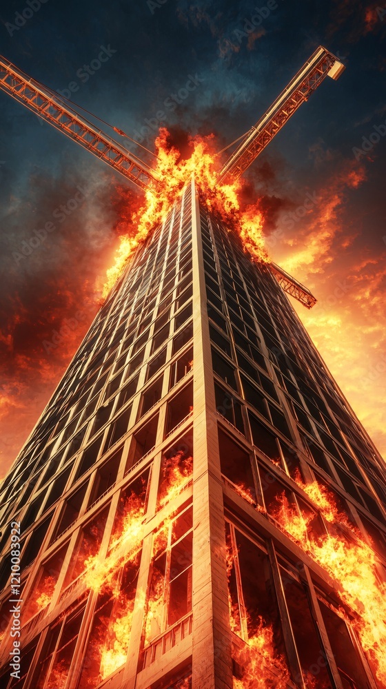 Obraz premium Inferno at skyscraper construction site urban fire disaster dramatic scene dusk high angle perspective